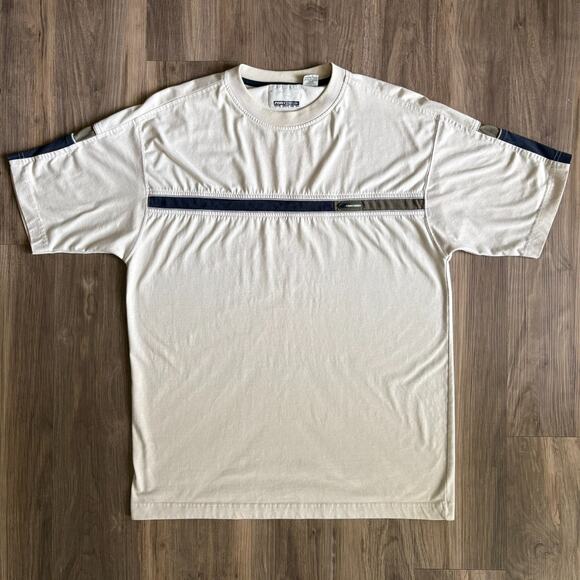 Vintage Point Zero T-Shirt Mens Size M Beige Crew Neck Striped Y2K Skater - Picture 1 of 6